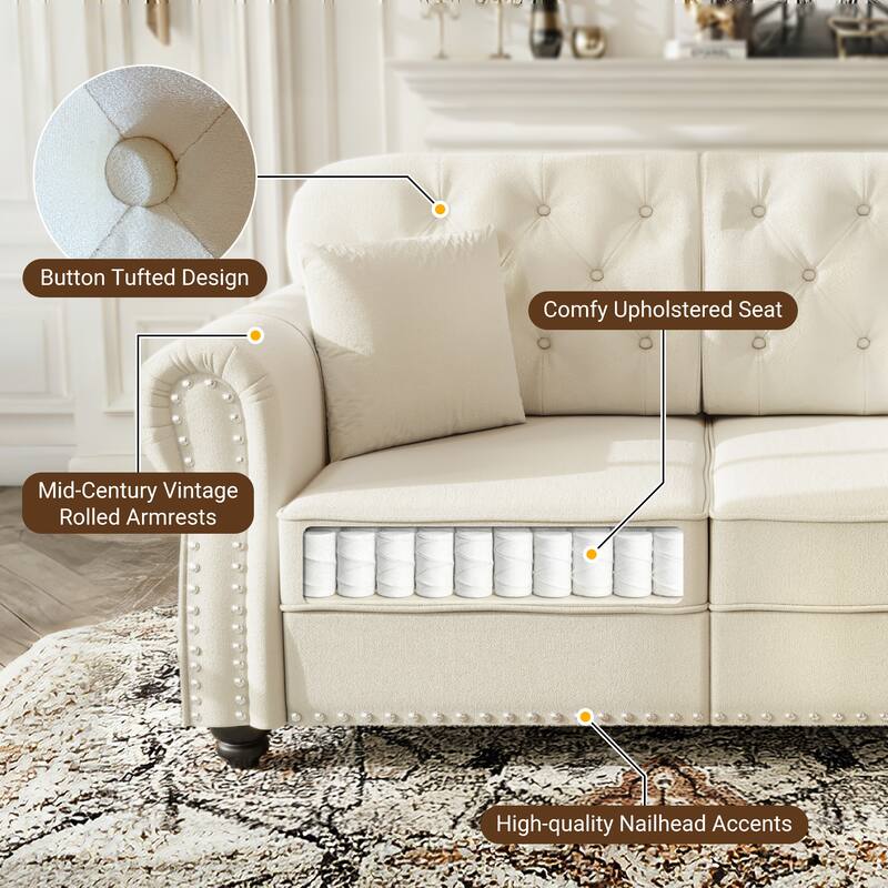 Velvet Chaise Lounge Chair with Ottoman, Mid-Century Modern Chesterfield Single Sofa Chair with Rolled Arms & Nailhead Trim