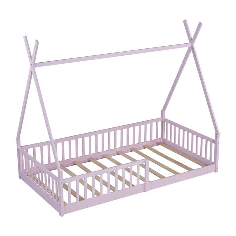 Twin Size House Floor Bed with Fence, Wooden House Shaped Montessori Bed with Triangulat Design for Kids