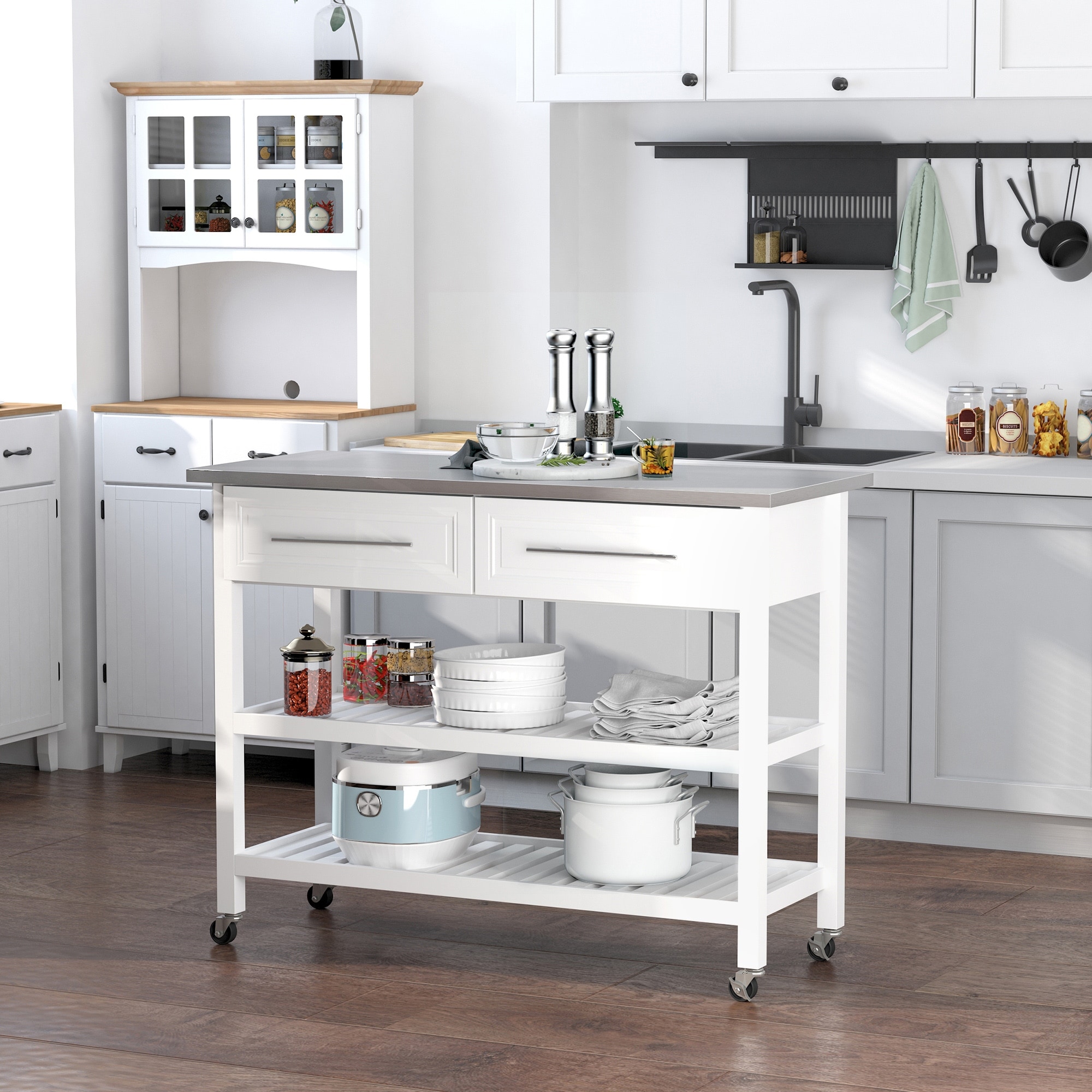 HOMCOM Kitchen Stainless Steel Rolling Storage Island, White