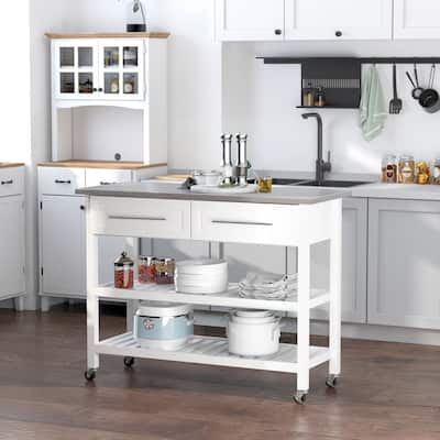 Kitchen Island with Stainless Steel Top, Kitchen Cabinet with 3-Tier Storage, Kitchen Cart with Pull-Out Drawers