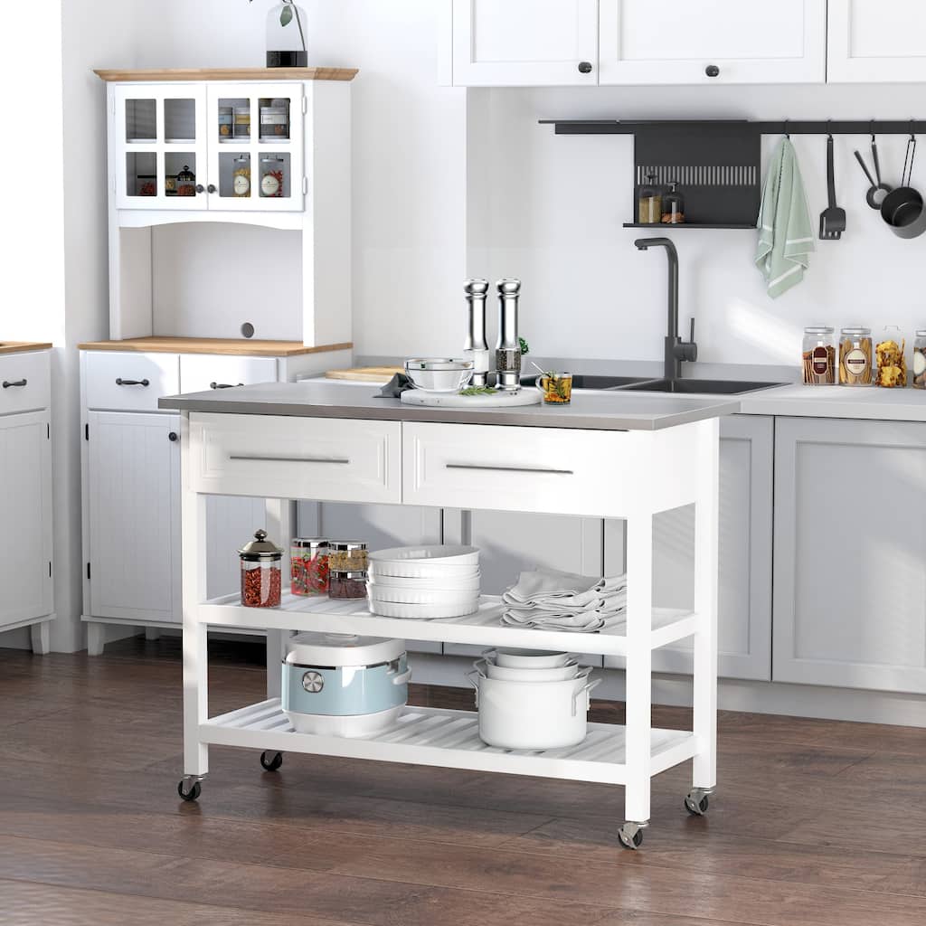 Kitchen Island with Stainless Steel Top, Kitchen Cabinet with 3-Tier Storage, Kitchen Cart with Pull-Out Drawers
