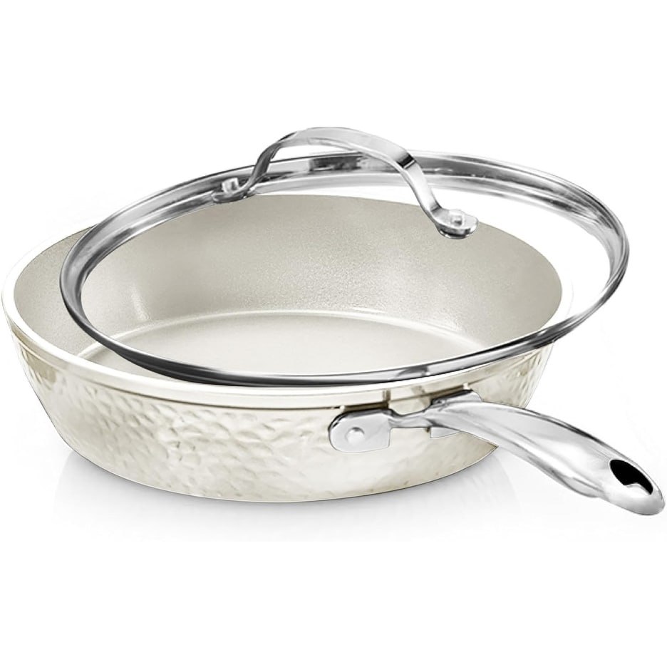 Gotham Steel Hammered Cream 10" Ceramic Nonstick Fry Pan with Lid