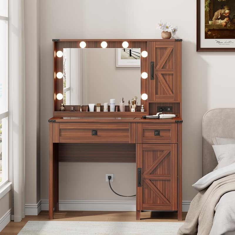 39.3" Farmhouse Makeup Vanity Desk with Mirror and LED Lights, Rustic Vanity Table