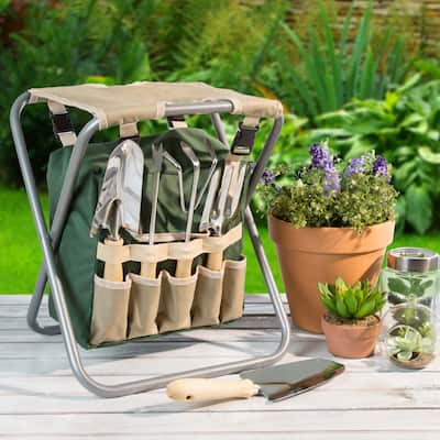 Garden Tools Set - Folding Stool with 250lb Capacity, Detachable 7 Pocket Bag, and 5 Gardening Tools by Pure Garden (Green)