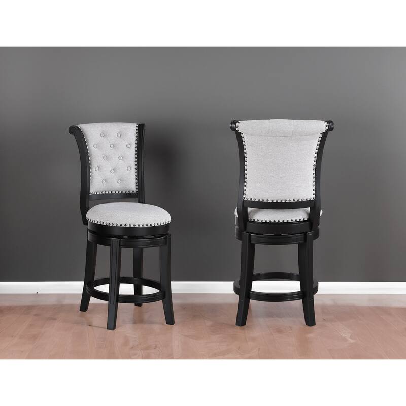 2-Piece 24" Swivel Pub Stool Set - Upholstered Seat with Nailhead Trim & Footrest, Black/Dove
