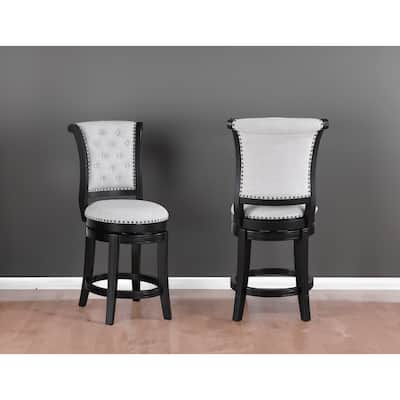 2Pc Swivel Pub Stools Counter Height 24" Chair Upholstered Seat Nailhead Trim Footrest Wooden Dining Room Furniture Black/Dove