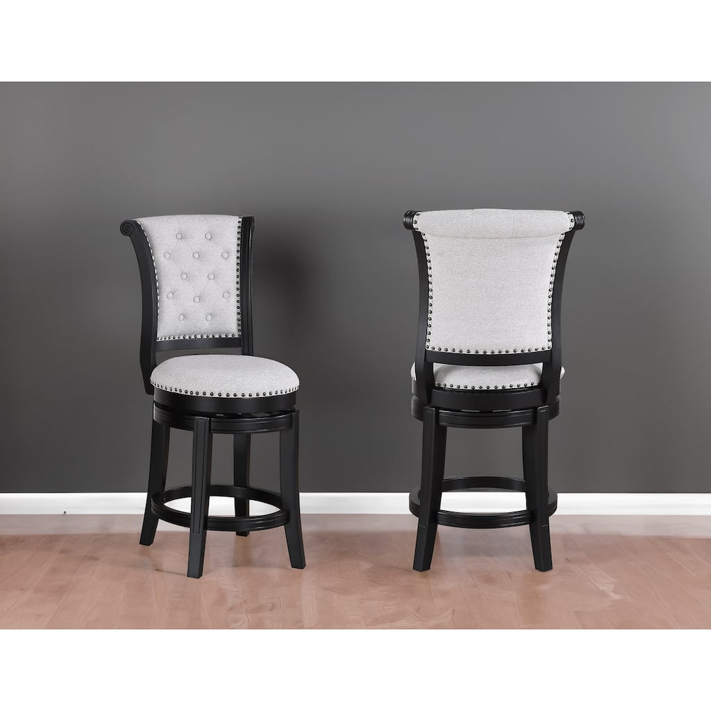 2Pc Swivel Pub Stools Counter Height 24" Chair Upholstered Seat Nailhead Trim Footrest Wooden Dining Room Furniture Black/Dove