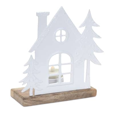 Aluminum Wood Tea Light Candle Houses with Rustic Design Set of 2 - 7” x 3” x 7.5” (L x W x H)