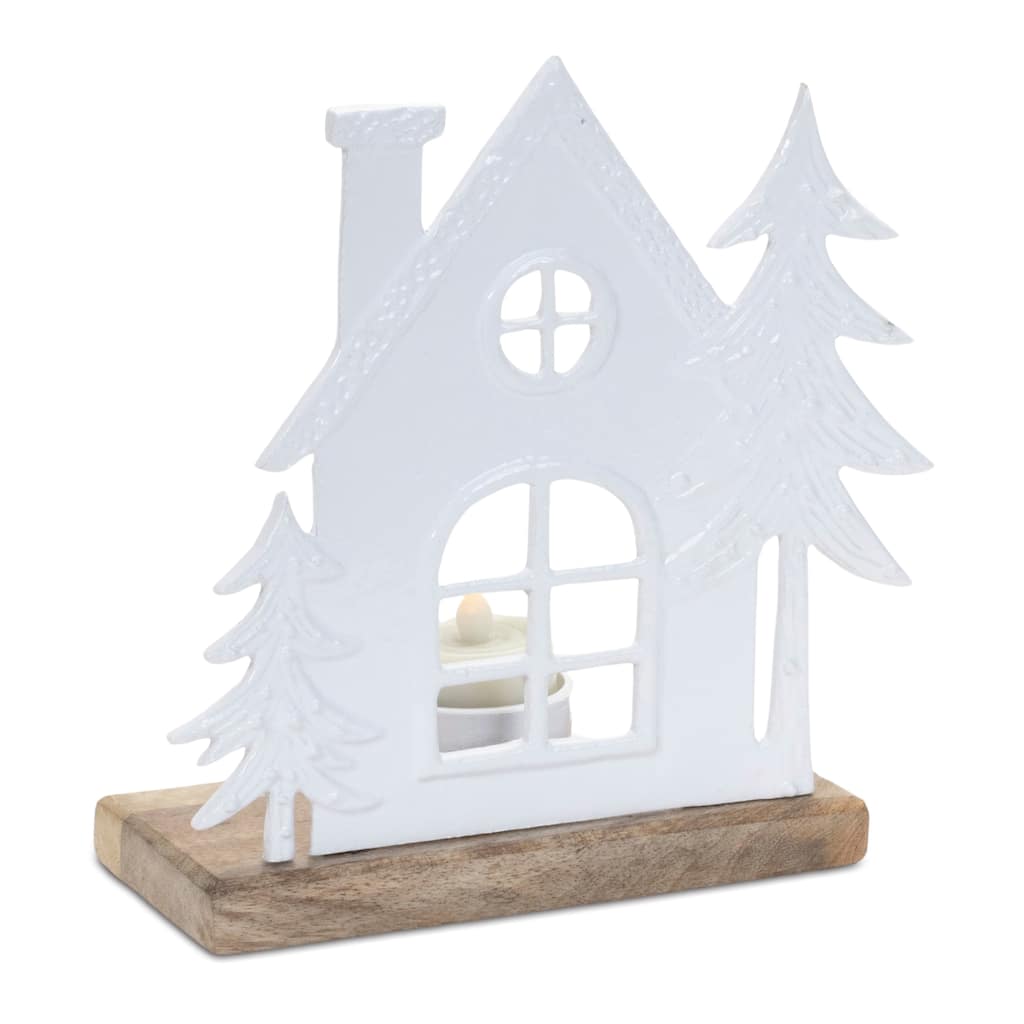 Aluminum Wood Tea Light Candle Houses with Rustic Design Set of 2 - 7” x 3” x 7.5” (L x W x H)