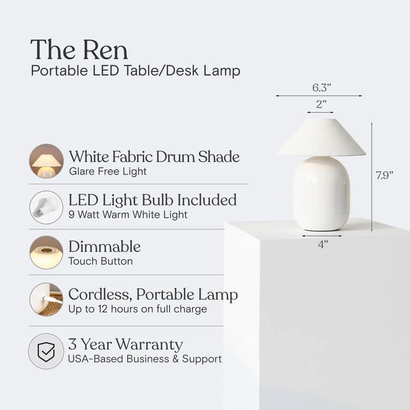 Ren LED 7.87 in Glossy Cream Midcentury Modern Urn Dimmable Cordless Portable Rechargeable Bedside Nightstand Desk Lamp