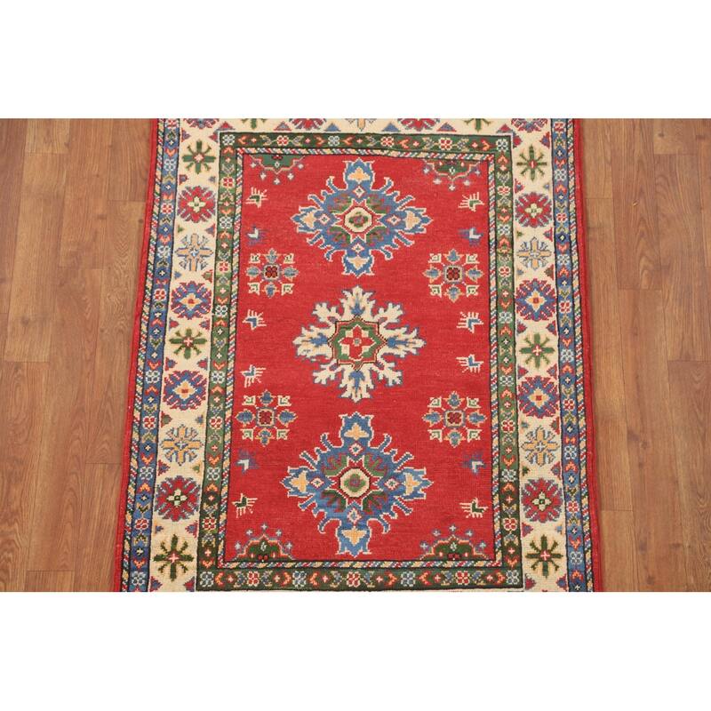 Geometric Red Kazak Oriental Accent Rug Handmade Wool Carpet - 2'10" x 4'2"