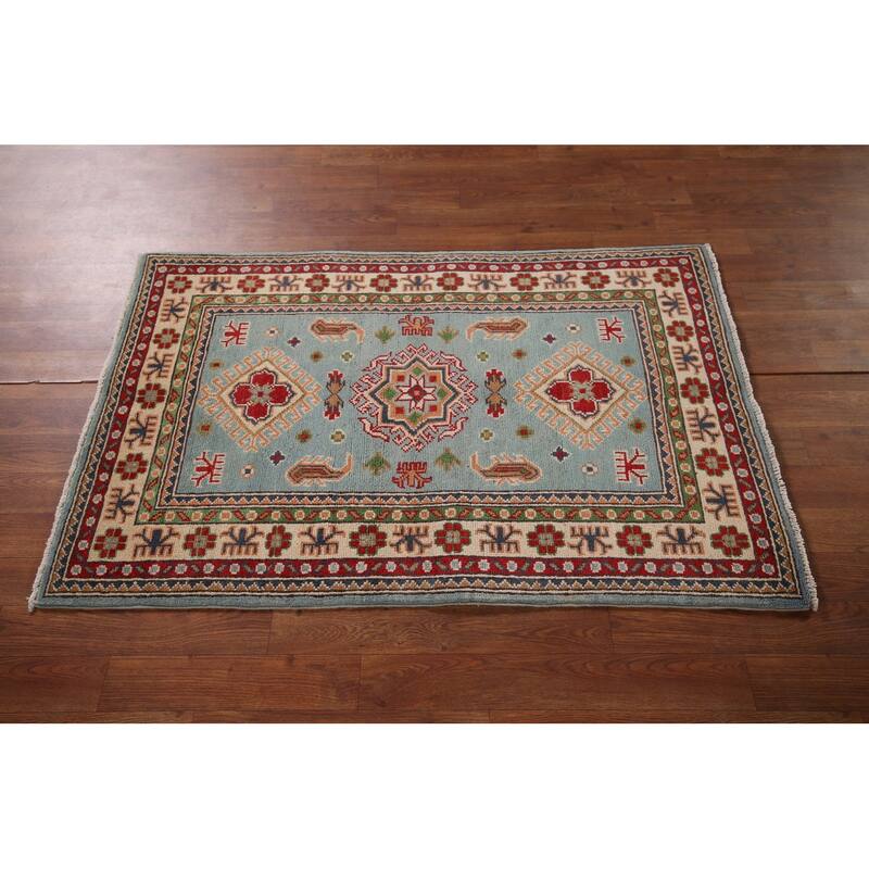 Light Blue Geometric Kazak Accent Rug Hand-Knotted Foyer Wool Carpet - 2'8" x 4'3"