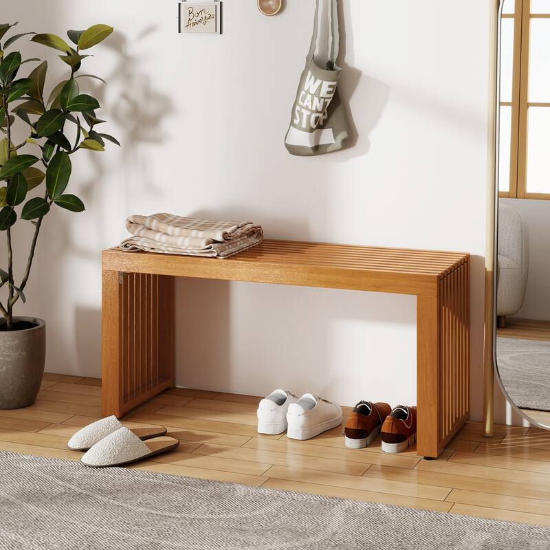 Gymax 2 PCS 36 Inch Patio Bench All-Slat Acacia Wood Loveseat for 2