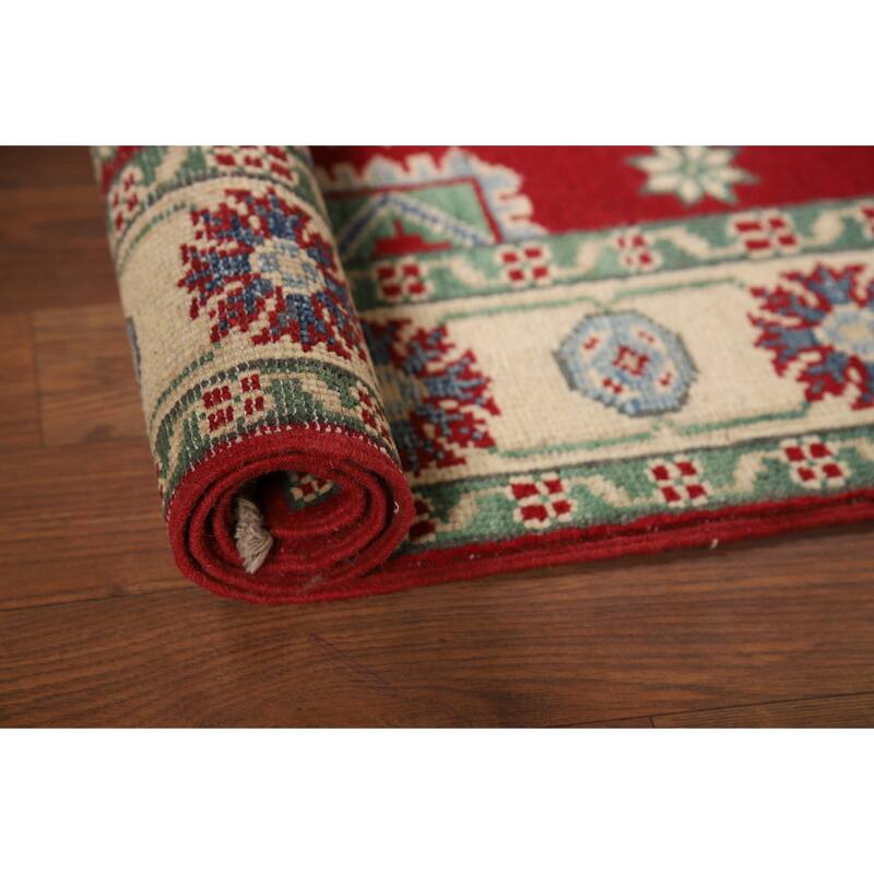 Red Kazak Foyer Rug Handmade Geometric Oriental Wool Carpet - 2'9"x 3'9"