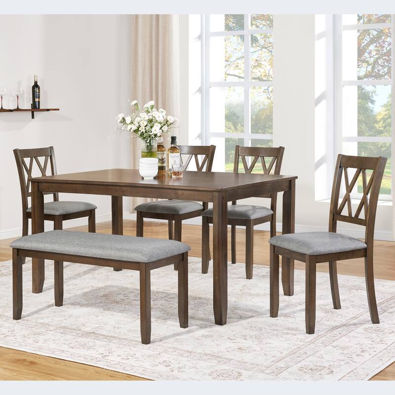GDFStudio - Taverne 6-Piece Transitional Dining Table Set with 4 Upholstered Chairs and Bench - Vertical X-Back - Walnut