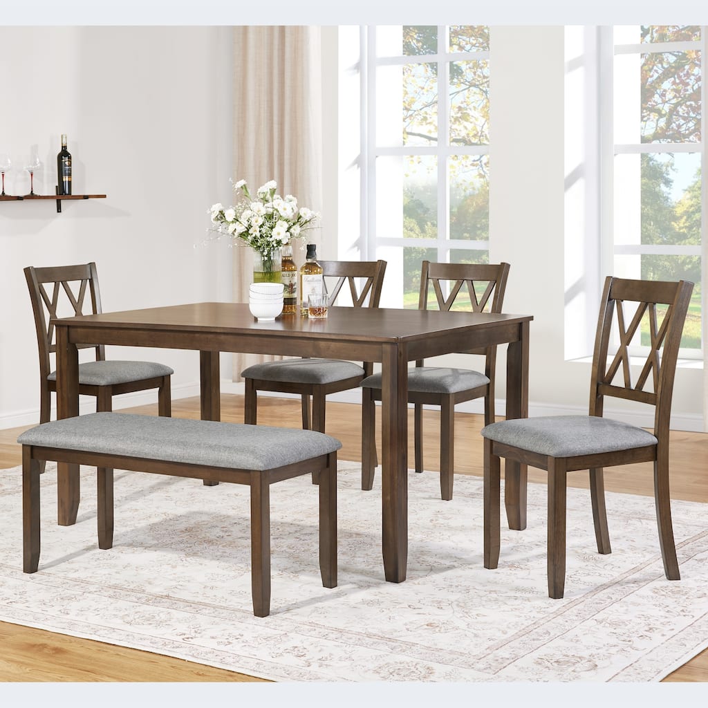 Modern Dining Table Set with 4 Chairs and 1 Bench, for Living Rooms Kitchens Dining Rooms, Walnut Wood Color, 6-Piece Set