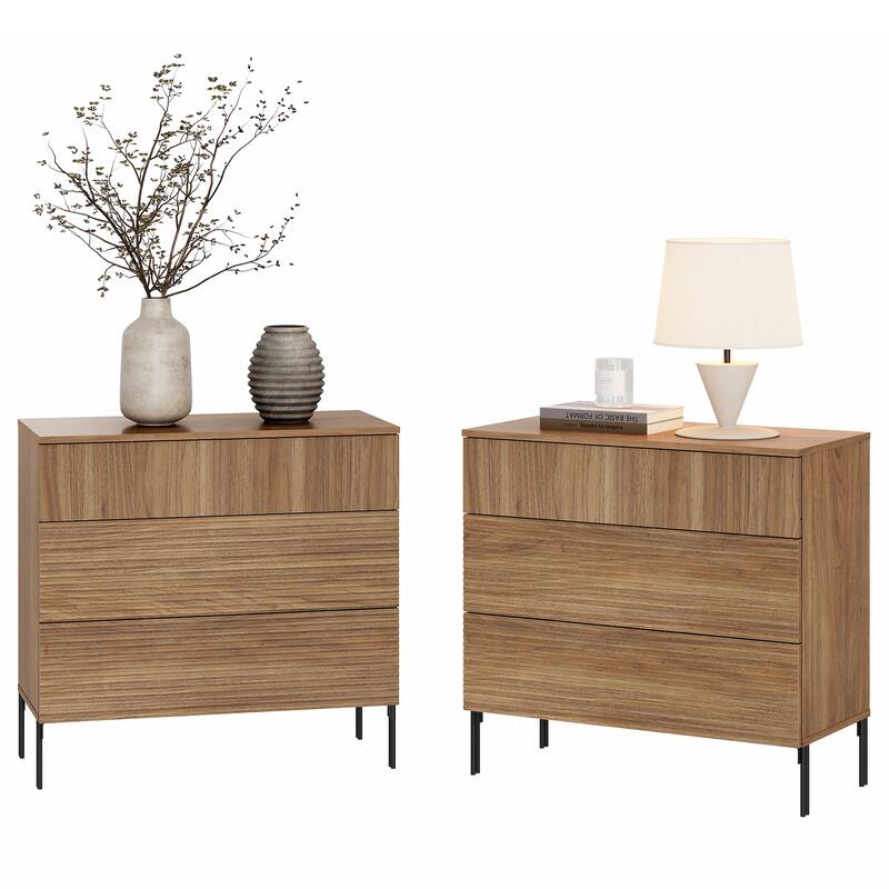Modern Minimalist Wood Nightstand With 3 Drawers ,31.5" End Table,Reeded Design Bedside Table - Walnut - 6-drawer