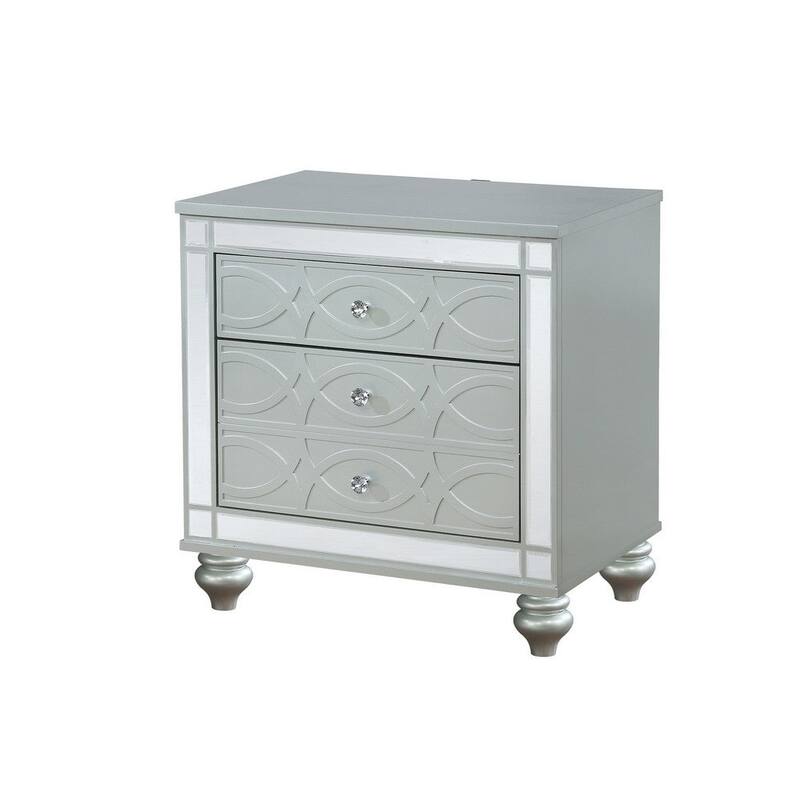 Gina 29 Inch Modern Glam Nightstand, Round Crystal Knobs, USB Ports, Silver