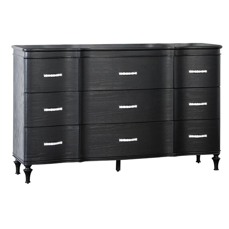 Eleena 6 Drawer Wide Dresser, Black Solid Wood, Acrylic Handles