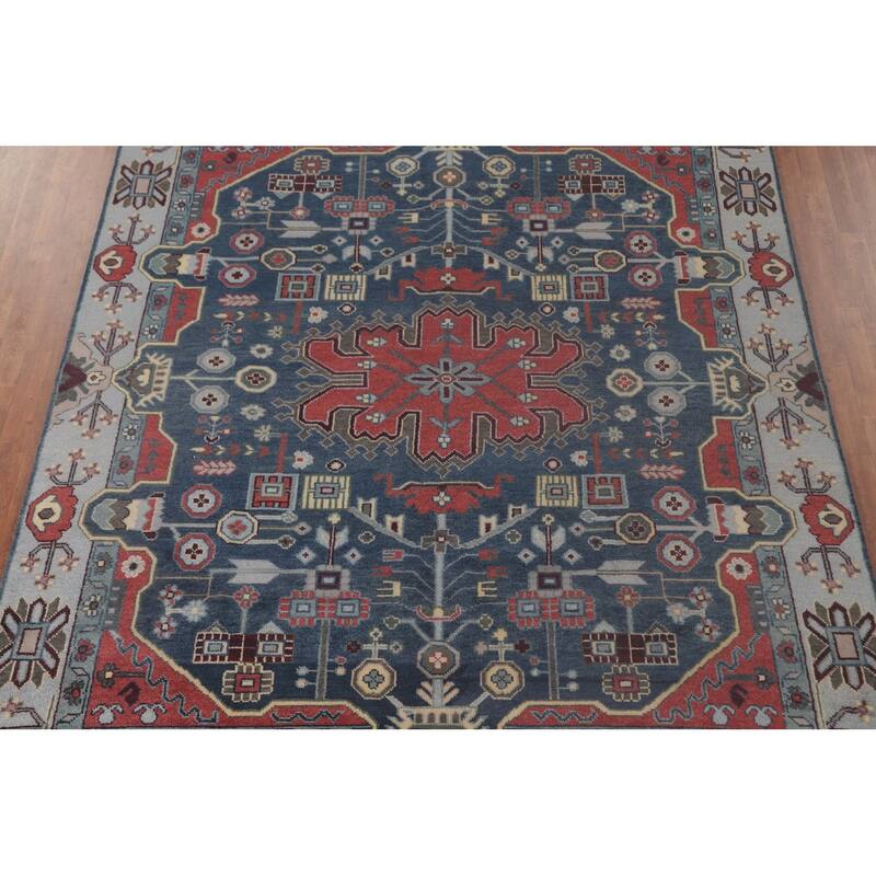 Blue Kazak Indian Area Rug Hand-Knotted Geometric Wool Carpet - 8'1" x 9'9"