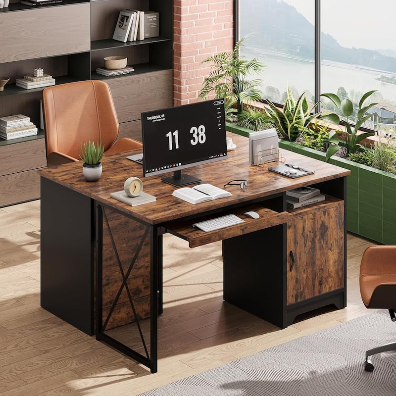 Bestier Office Desk with Keyboard Tray, Computer Desk with Storage, Executive Desk with File Cabinet for Home Office Bedroom - Brown
