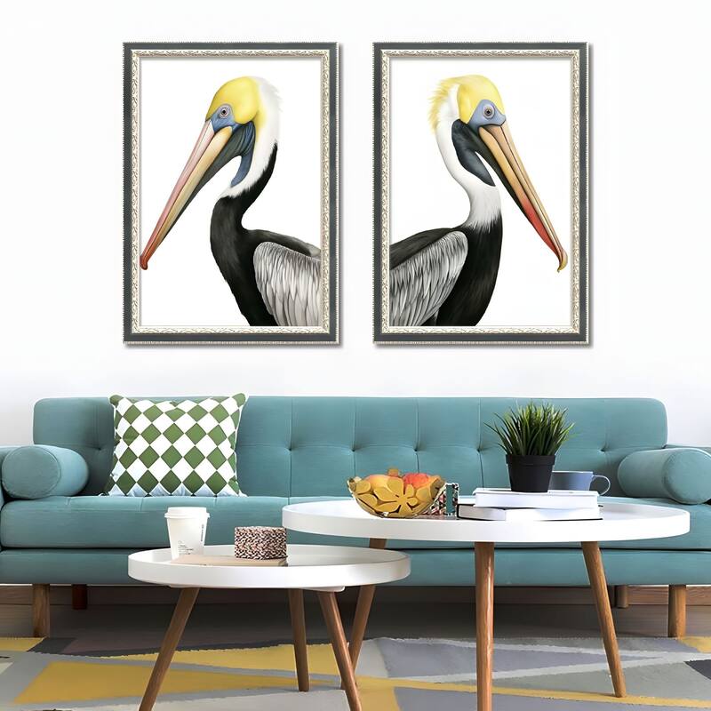 Set of 2 Pelican Bird Framed Wall Art - Replaceable Canvas Prints with Solid Wood Picture Frames, Modern Nature Wall Decor - Black/Ivory