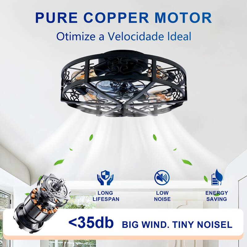 20 inch Flush Mount Ceiling Fan Light with Remote Caged Farmhouse Fandelier Black Wood Low Profile