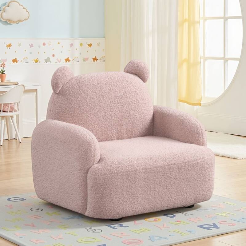Raye Bear Shaped Kids Armchair with Black Legs, Pink Teddy Velvet