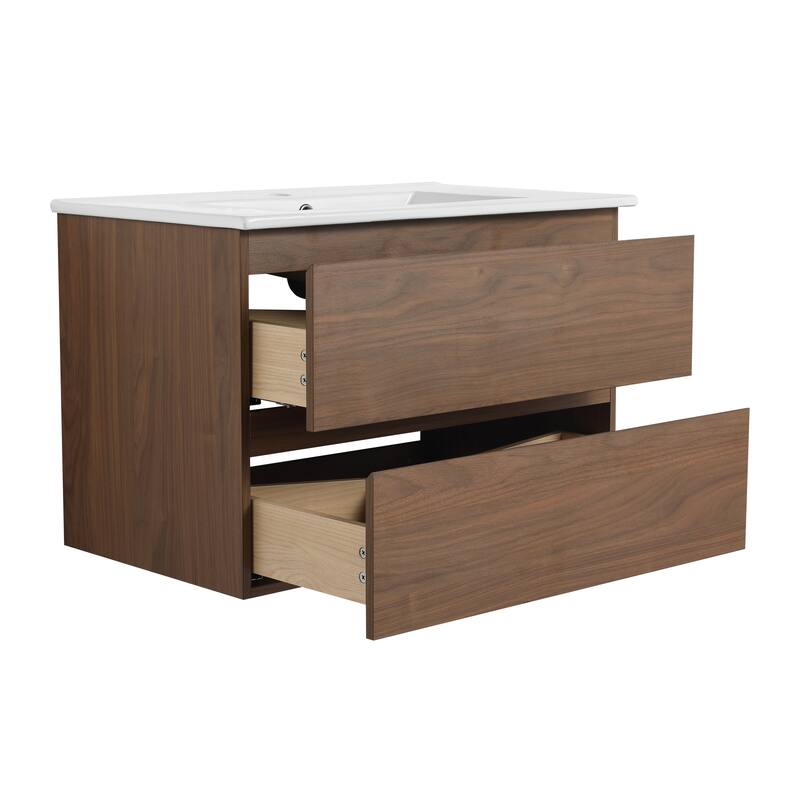 24" Floating Bathroom Vanity with Ceramic Basin, 2 Soft-Close Drawers, Eco-Friendly Plywood Construction