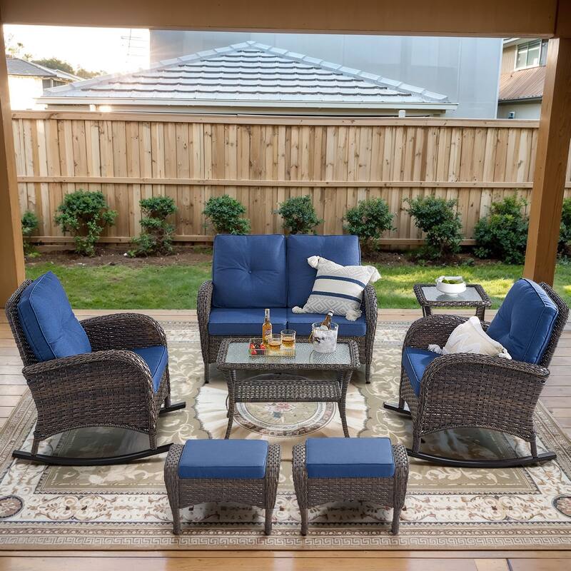 2 Rocker Glider Chairs with Rattan Sofa Table - Brown - Brown - Blue