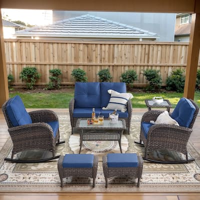2 Rocker Glider Chairs with Rattan Sofa Table - Brown