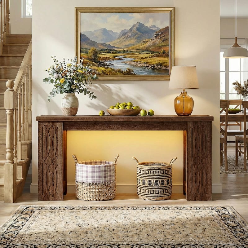 63" Farmhouse Console Table with RGB LED Lights ＆ Power Outlets, Unique Carved Design Entryway Table, Wooden Sofa Table