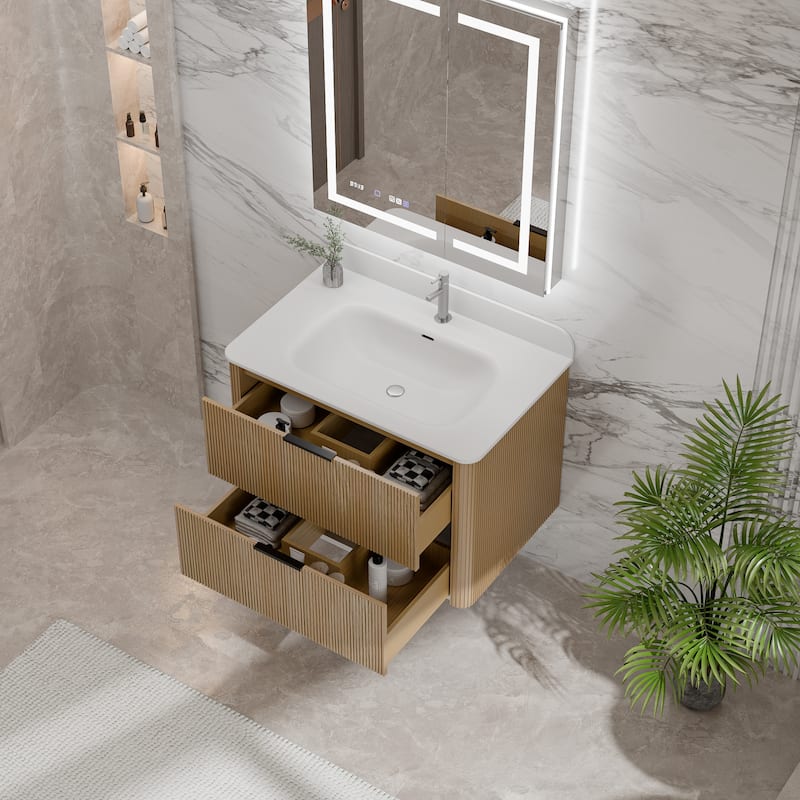 Modland Fluted Floating Vanity with Sink, Plywood Wall Mount Cabinet, Curved Edge, 24/30/36 Inch