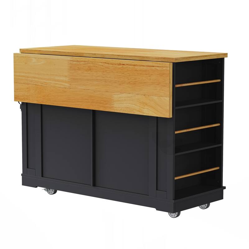 Large Kitchen Island with Drop Leaf,Power Outlet,,Rolling Kitchen Storage Cart on 5 Wheels with 5 Open Side Racks for Kitchen