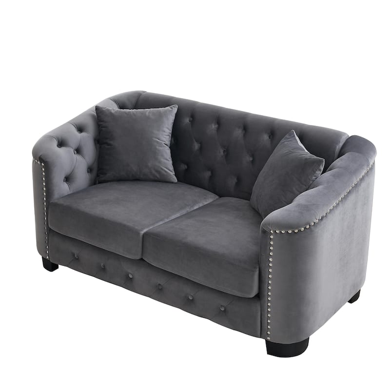 59-Inch Modern Chesterfield Velvet Sofa, 2-Seater Sofa, Upholstered Tufted Backrests with Nailhead Arms and 2 Cushions for Livin