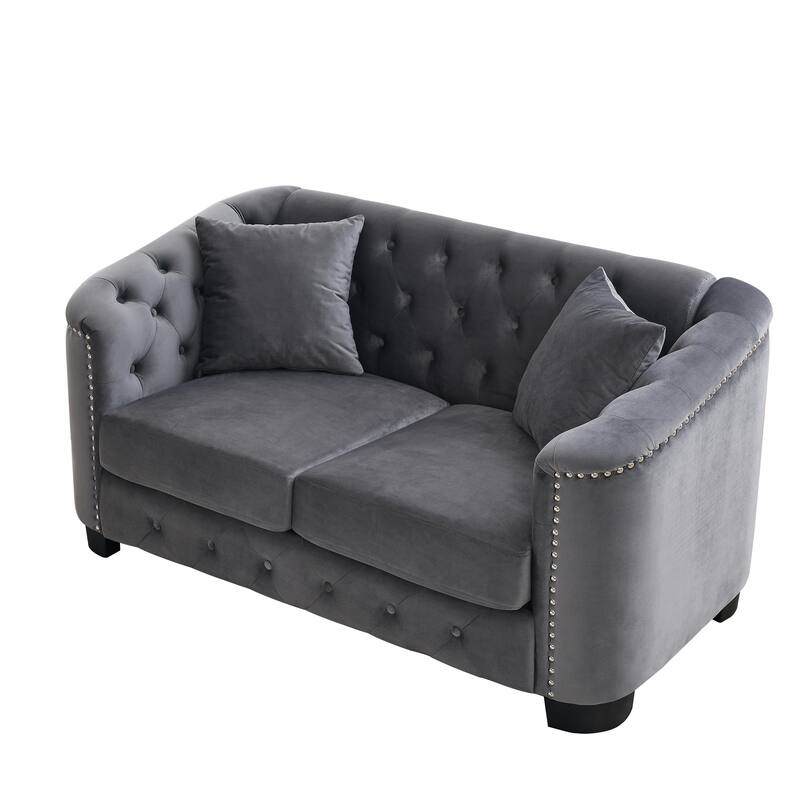 77'' Modern Velvet 3-Seater Sofa with Tufted Backrests, Nailhead Trim, and 2 Pillows
