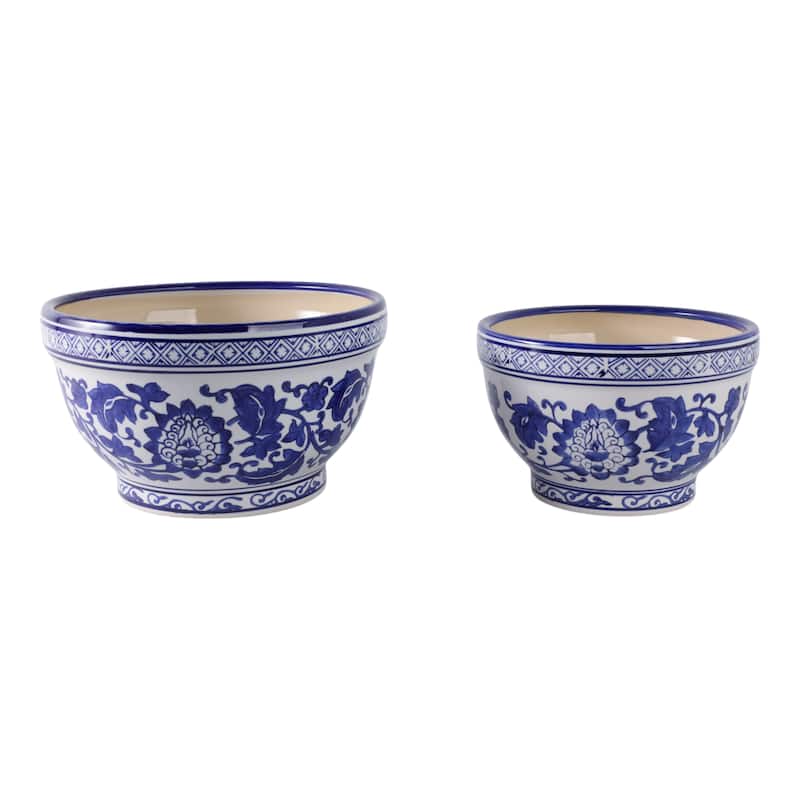 Decorative Stoneware Planters with Timeless Garden Design (Set of 2)