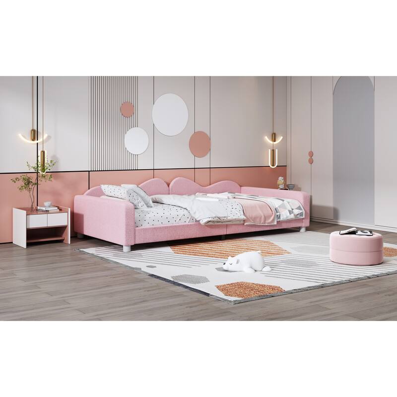 Twin Size Sherpa Fabric Upholstered Daybed with Cloud-Shaped Backrest for Bedroom