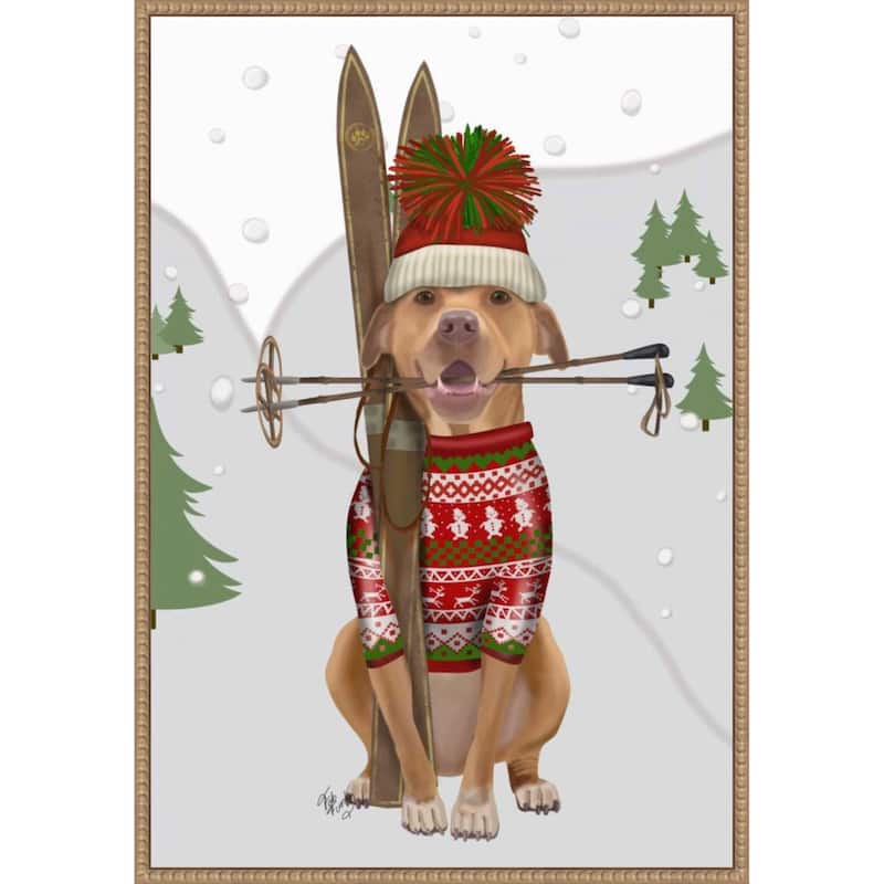 Pitbull Skiing by Fab Funky (23 x 33 in.), Framed Canvas Wall Art Print - Sylvie Beaded Rustic Natural