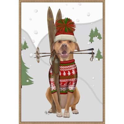 Pitbull Skiing by Fab Funky (23 x 33 in.), Framed Canvas Wall Art Print - Sylvie Beaded Rustic Natural