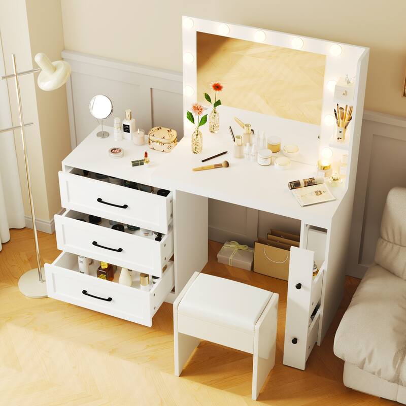 55.2" Vanity Desk with Freely Adjustable Side Cabinet, Makeup Vanity with Hollywood Lights, Bedroom Storage Dressing Table