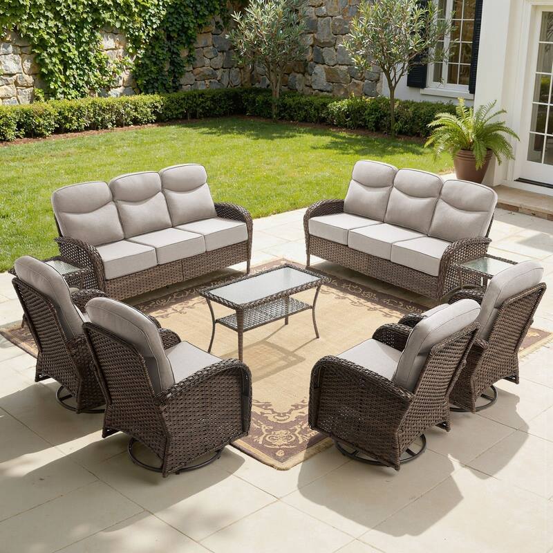 Meyreso 9-Piece Wicker Patio Conversation Set with Swivel Gliders and 6-Inch Thick Olefin Cushions - Brown Wicker - Beige Cushions