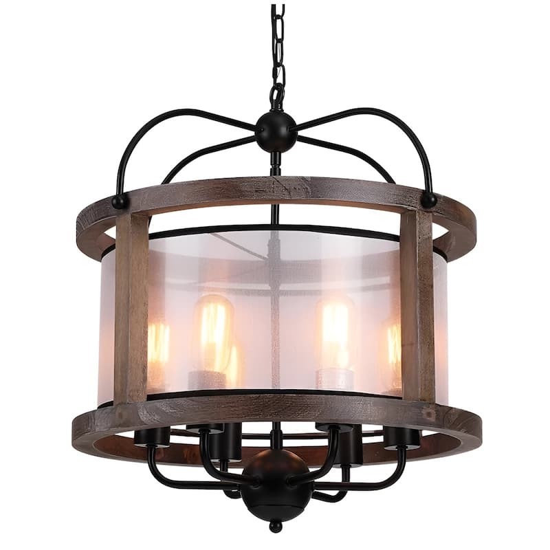 6 - Light Lantern Round Texture Drum Shade Wood Metal Frame Island Pendant Lamp Rustic