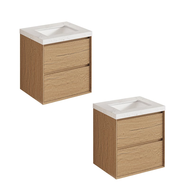 Sylphar 24 inch Bathroom Vanity with Sink, Floating Oak Cabinet with Stone Top - 2 Sets Of Natural Oak Vanities