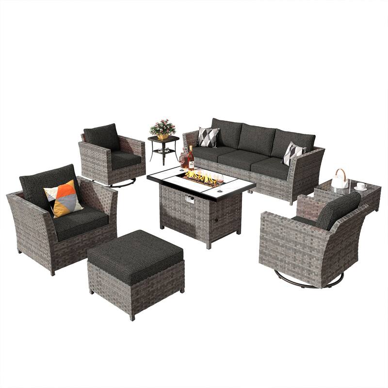 HOOOWOOO 10-piece Wicker Patio Furniture Outdoor Sectional Sofa Set with Fire Pit