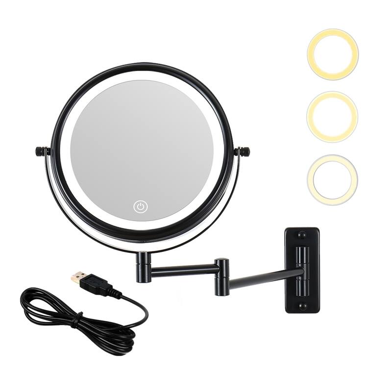 8 in. Wall Mounted Makeup Mirror in Black with 3 colors LED Lights