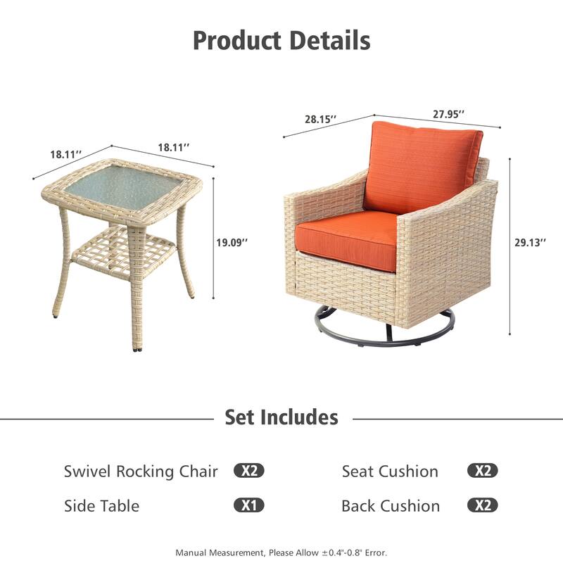 HOOOWOOO 3-piece Rattan Patio Swivel Rocking Chair Set with Side Table