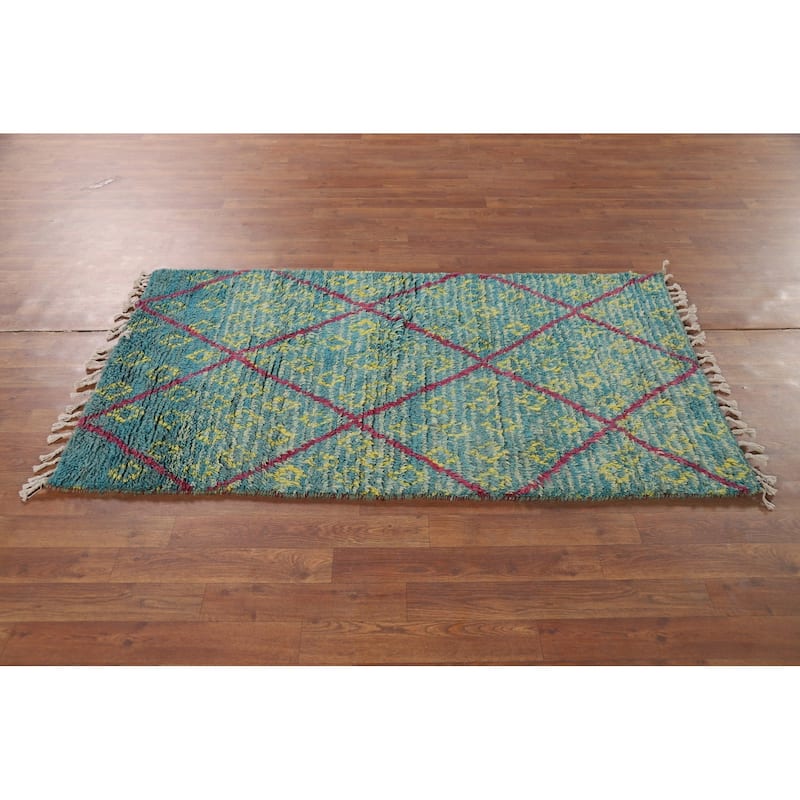 Turquoise Trellis Moroccan Plush Accent Rug Handmade Wool Carpet - 3'0" x 5'4"