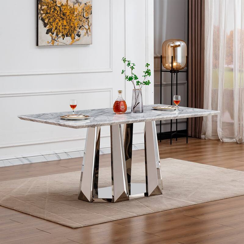 70'' Rectangle Faux Marble Dining Table with Mirrored Finish Stainless Steel Base - Silver+Grey