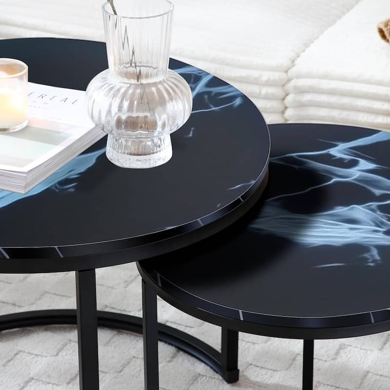 Versatile Nesting Coffee Table Set of 2 with Round Wooden Top and Metal Frame Base Modern Simple Side Table End Table Nightstand